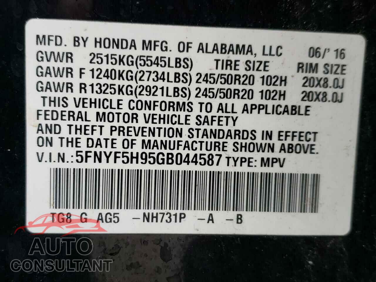 HONDA PILOT 2016 - 5FNYF5H95GB044587