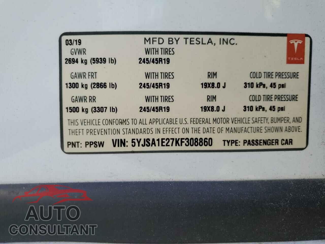 TESLA MODEL S 2019 - 5YJSA1E27KF308860