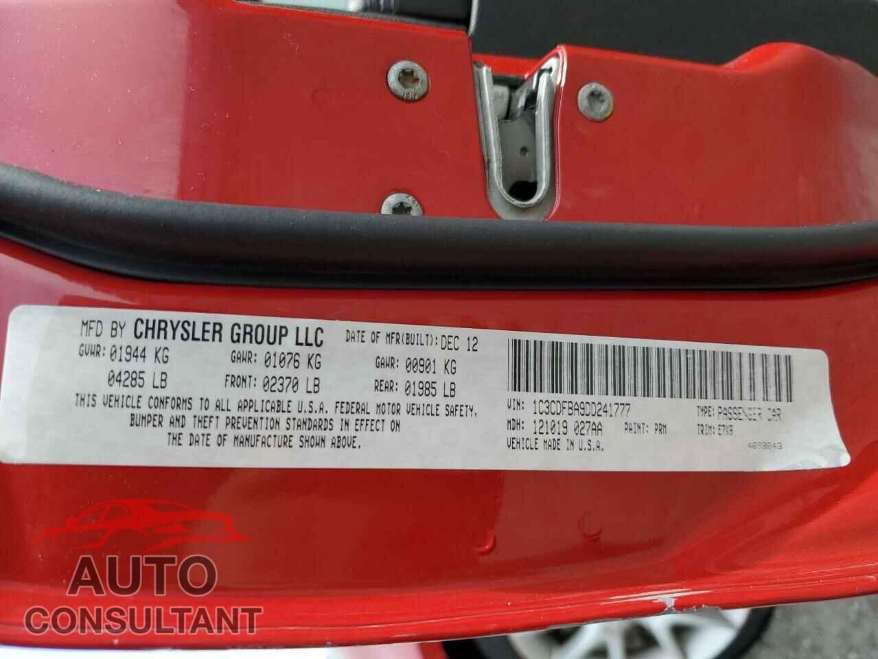 DODGE DART 2013 - 1C3CDFBA9DD241777