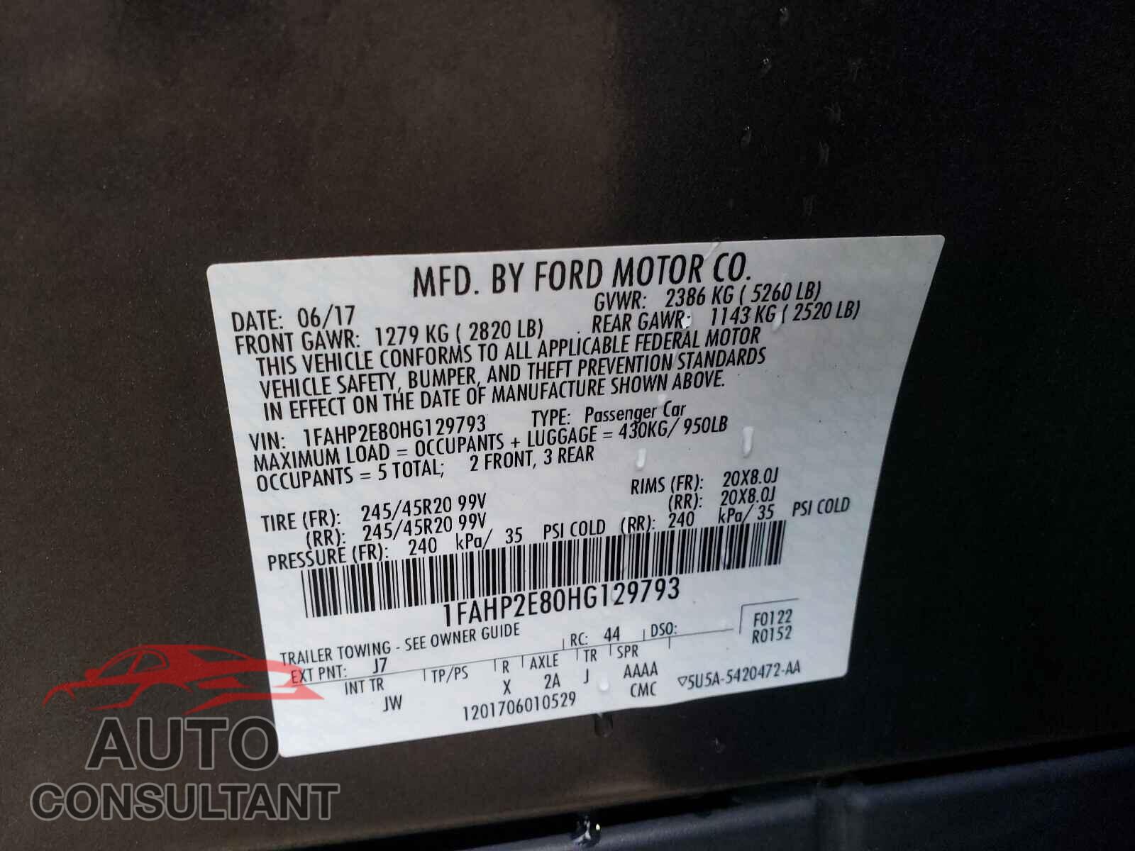 FORD TAURUS 2017 - 1FAHP2E80HG129793