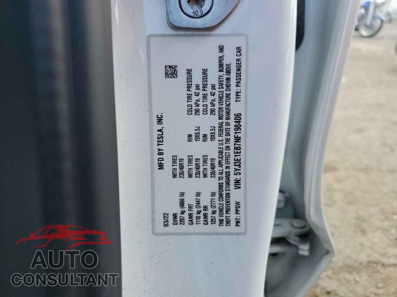 TESLA MODEL 3 2022 - 5YJ3E1EB7NF198406