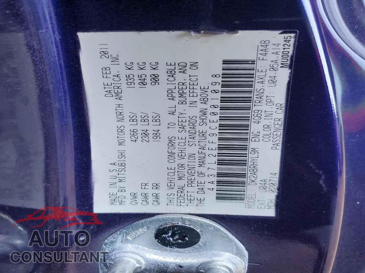 MITSUBISHI ECLIPSE 2012 - 4A37L2EF9CE001098
