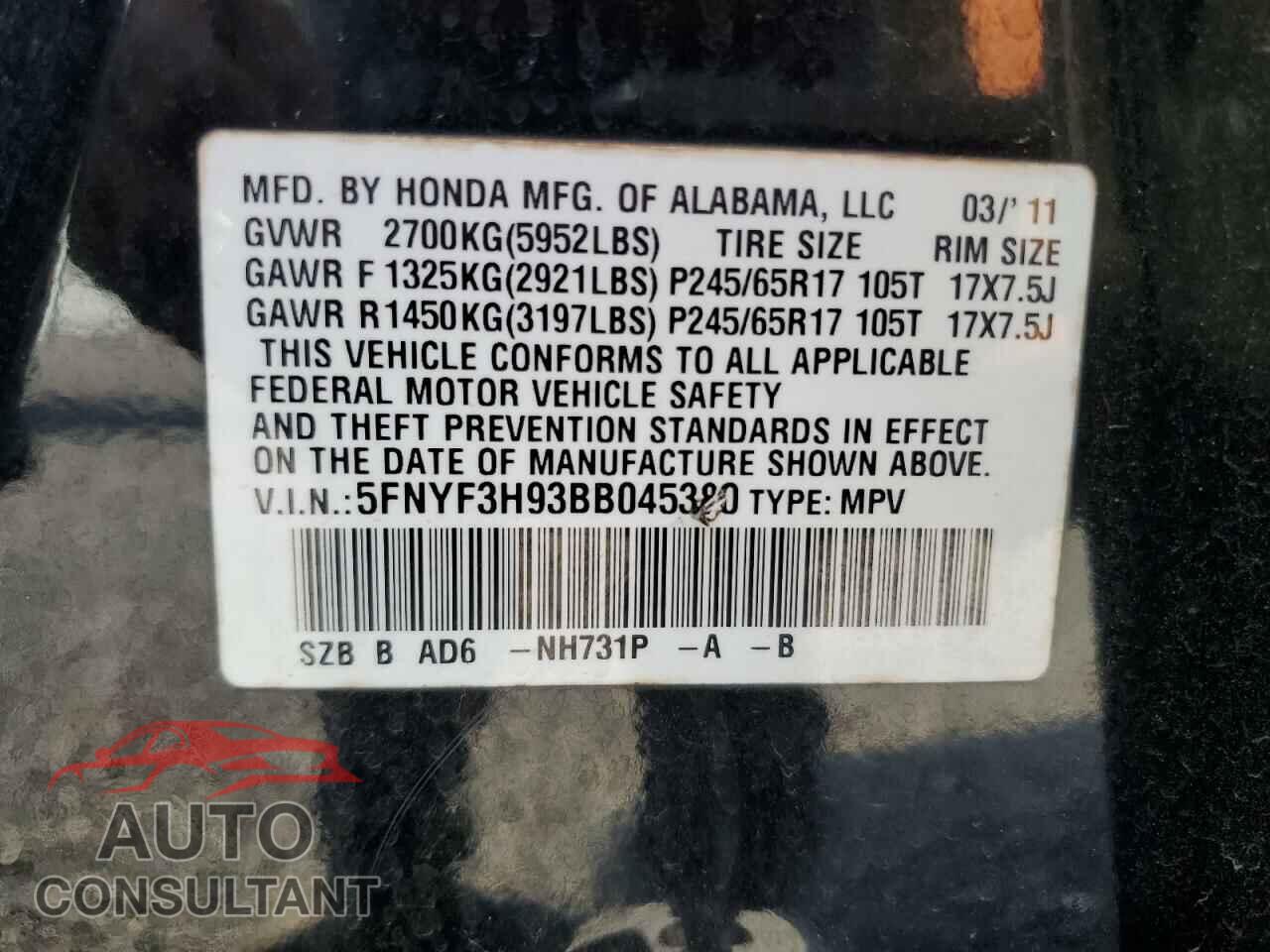 HONDA PILOT 2011 - 5FNYF3H93BB045380