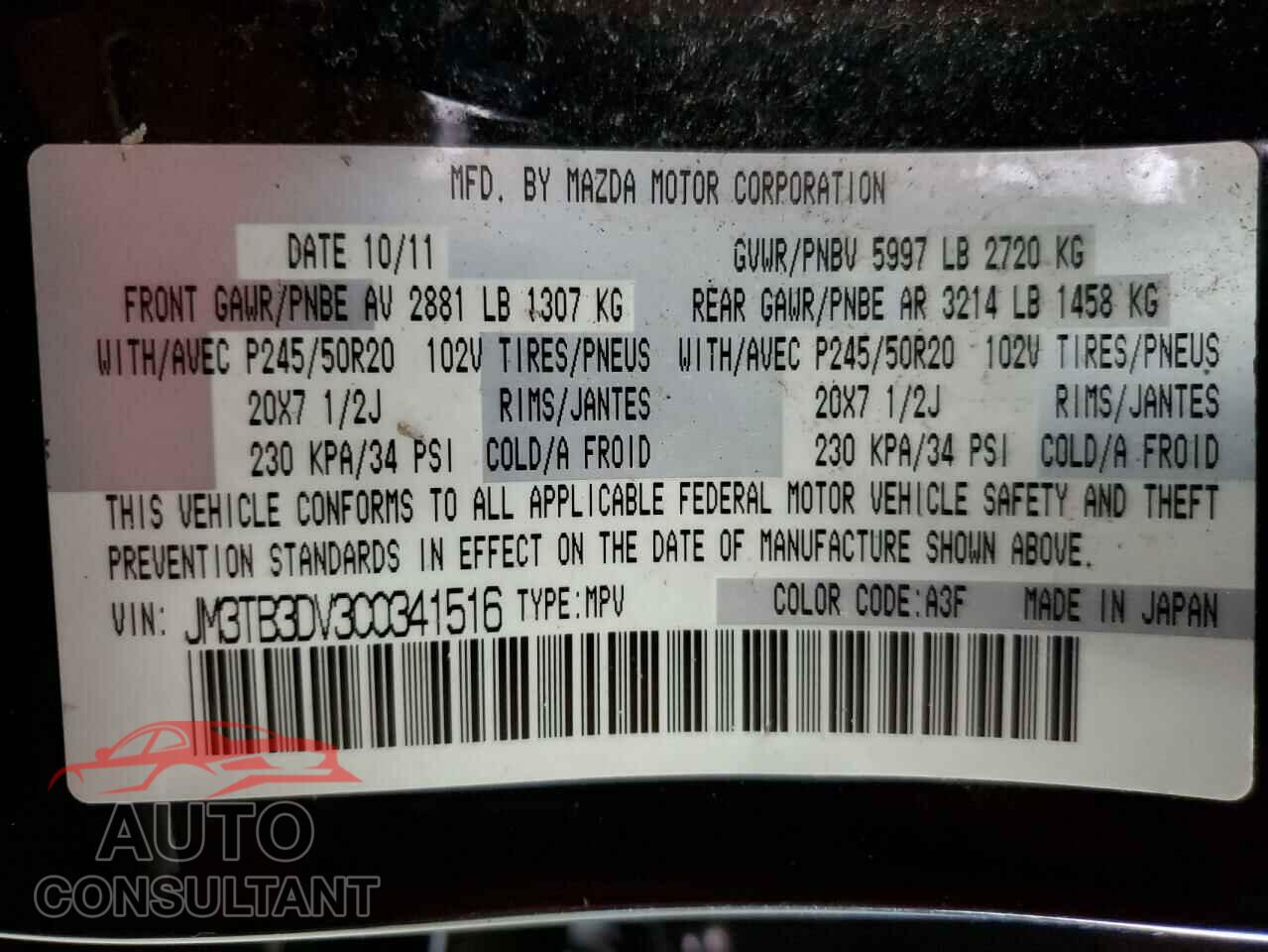 MAZDA CX-9 2012 - JM3TB3DV3C0341516