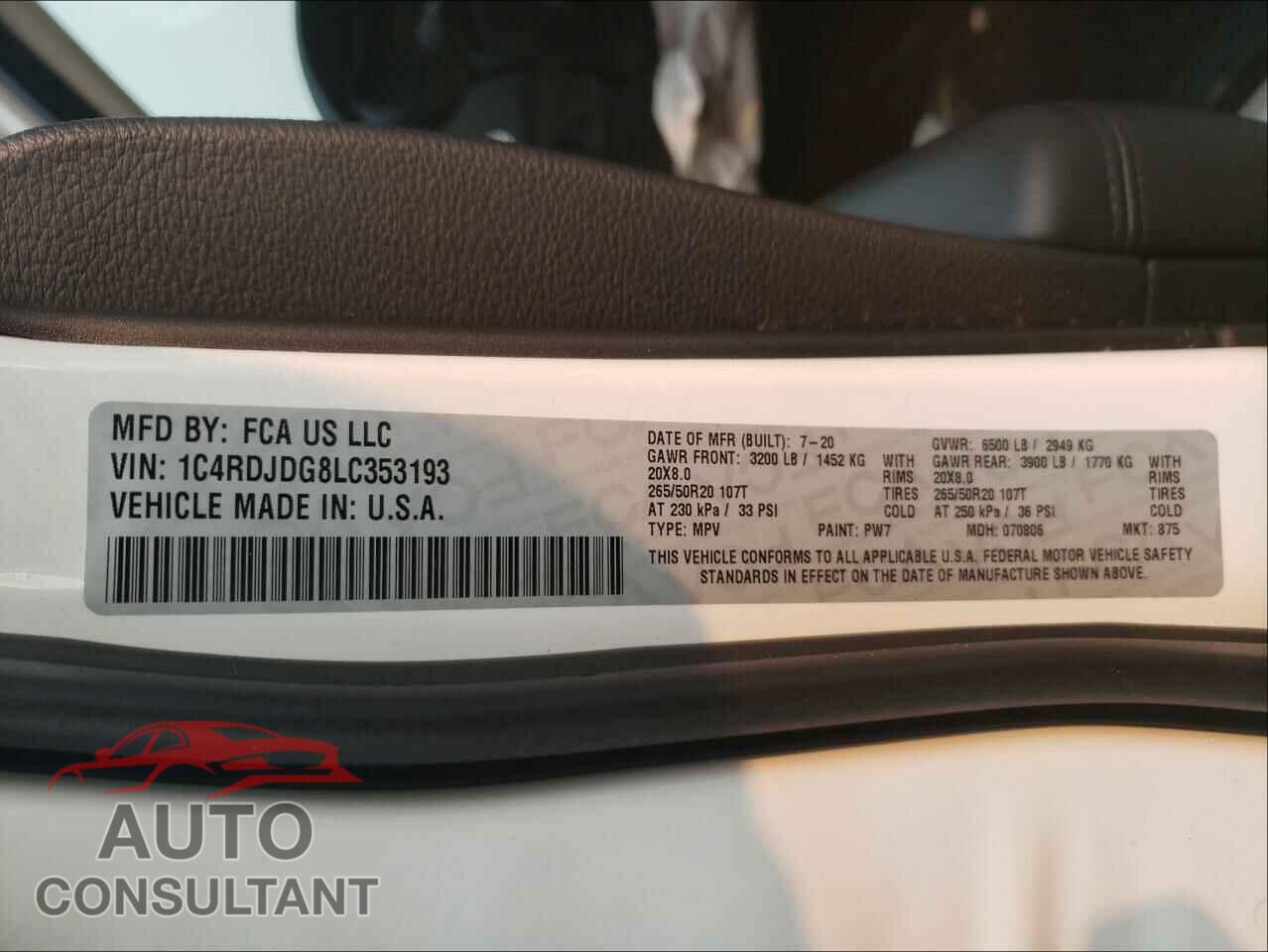 DODGE DURANGO 2020 - 1C4RDJDG8LC353193