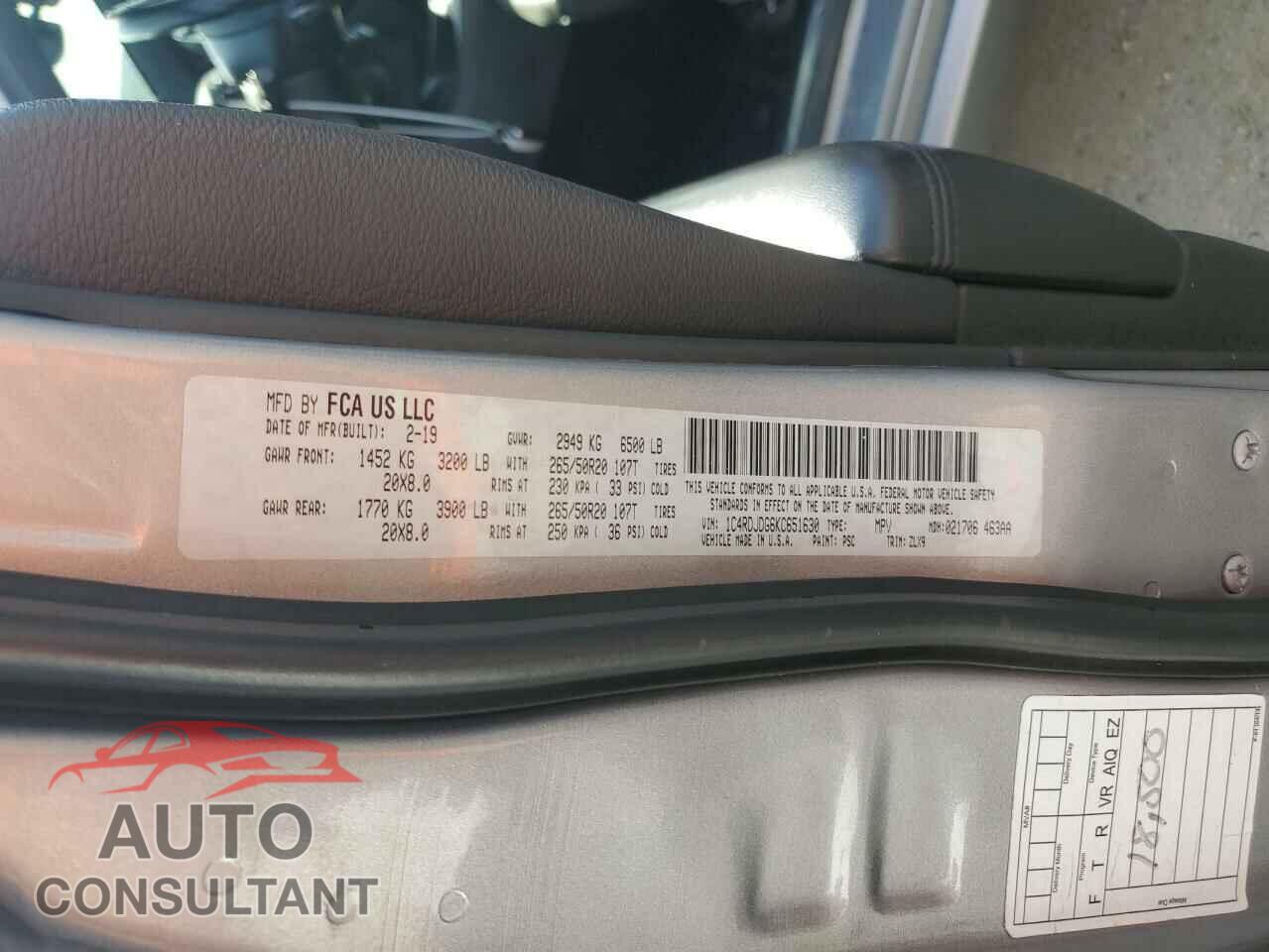 DODGE DURANGO 2019 - 1C4RDJDG6KC651630