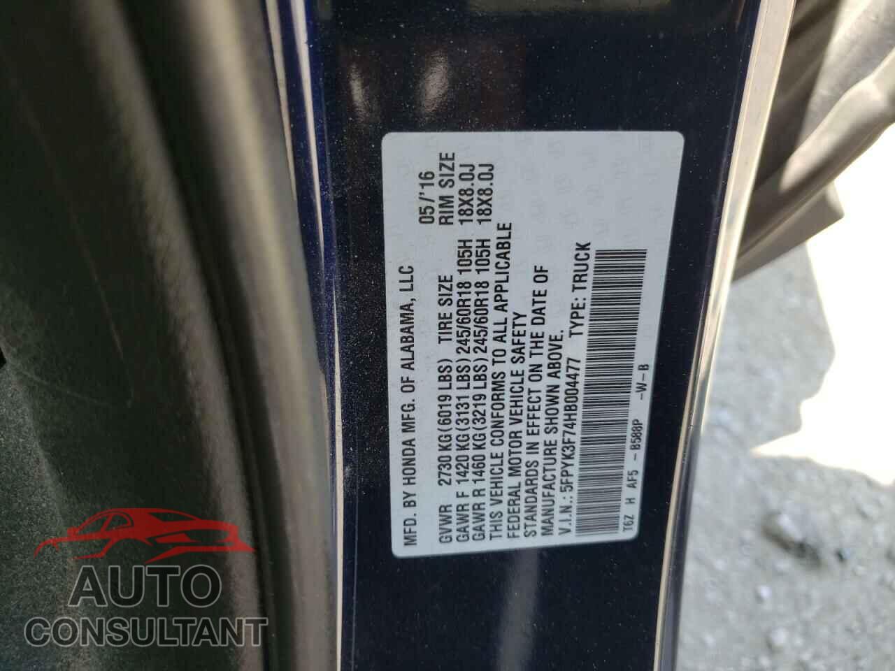 HONDA RIDGELINE 2017 - 5FPYK3F74HB004477