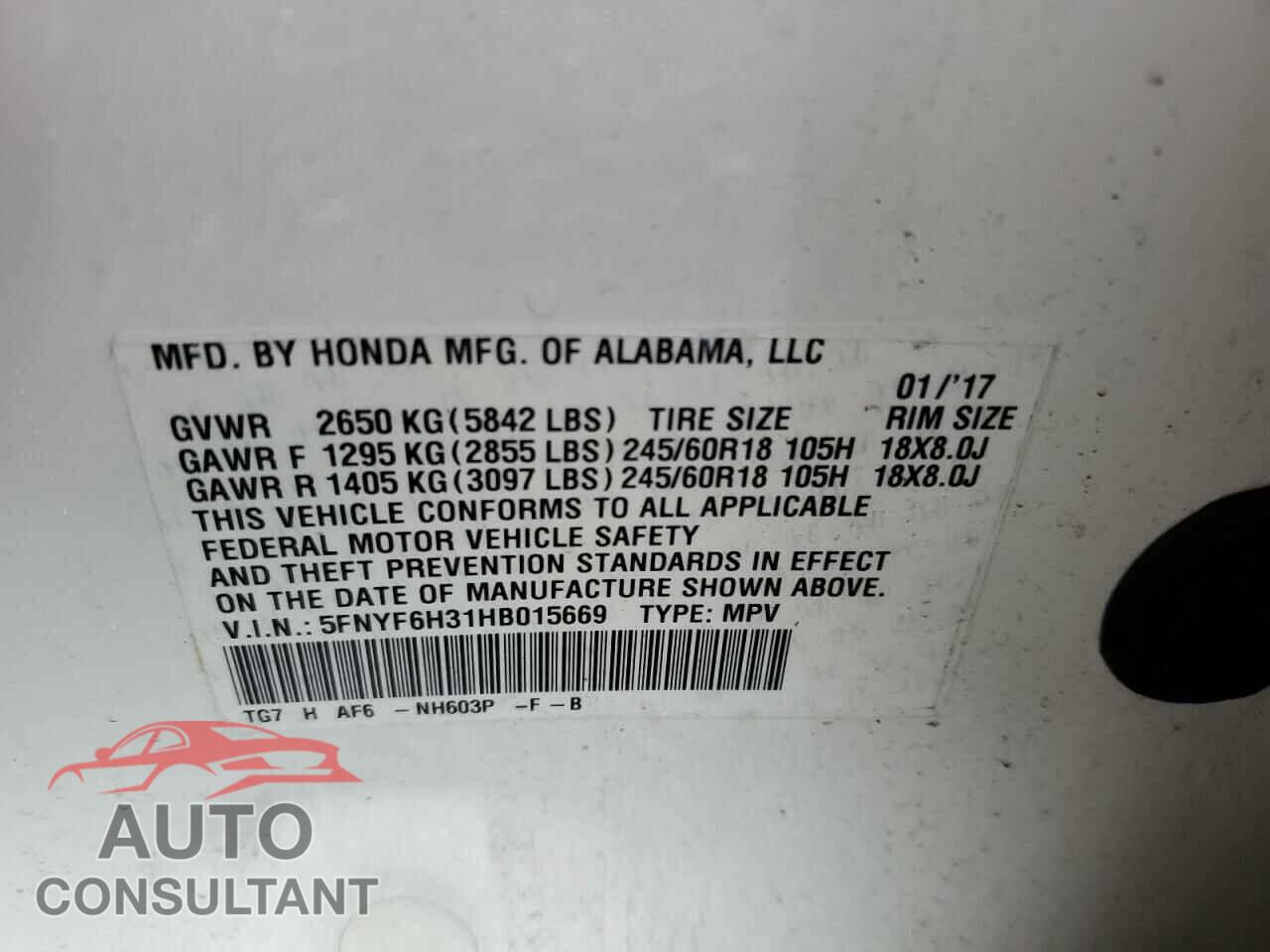 HONDA PILOT 2017 - 5FNYF6H31HB015669