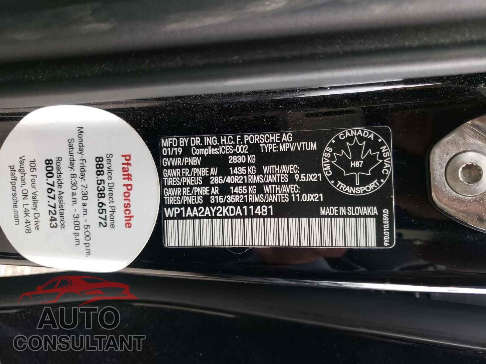 PORSCHE CAYENNE 2019 - WP1AA2AY2KDA11481