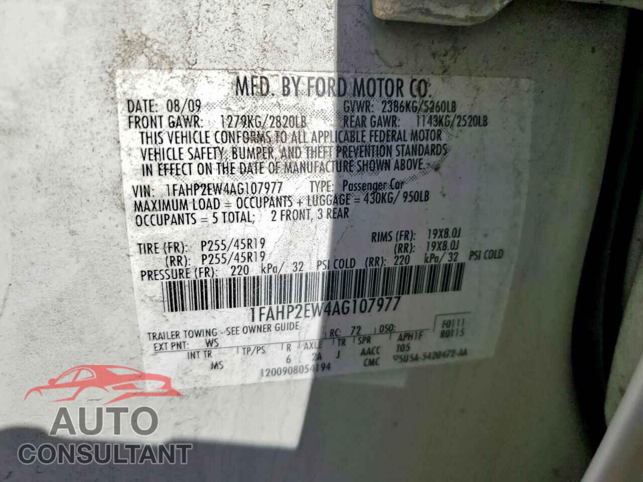 FORD TAURUS 2010 - 1FAHP2EW4AG107977