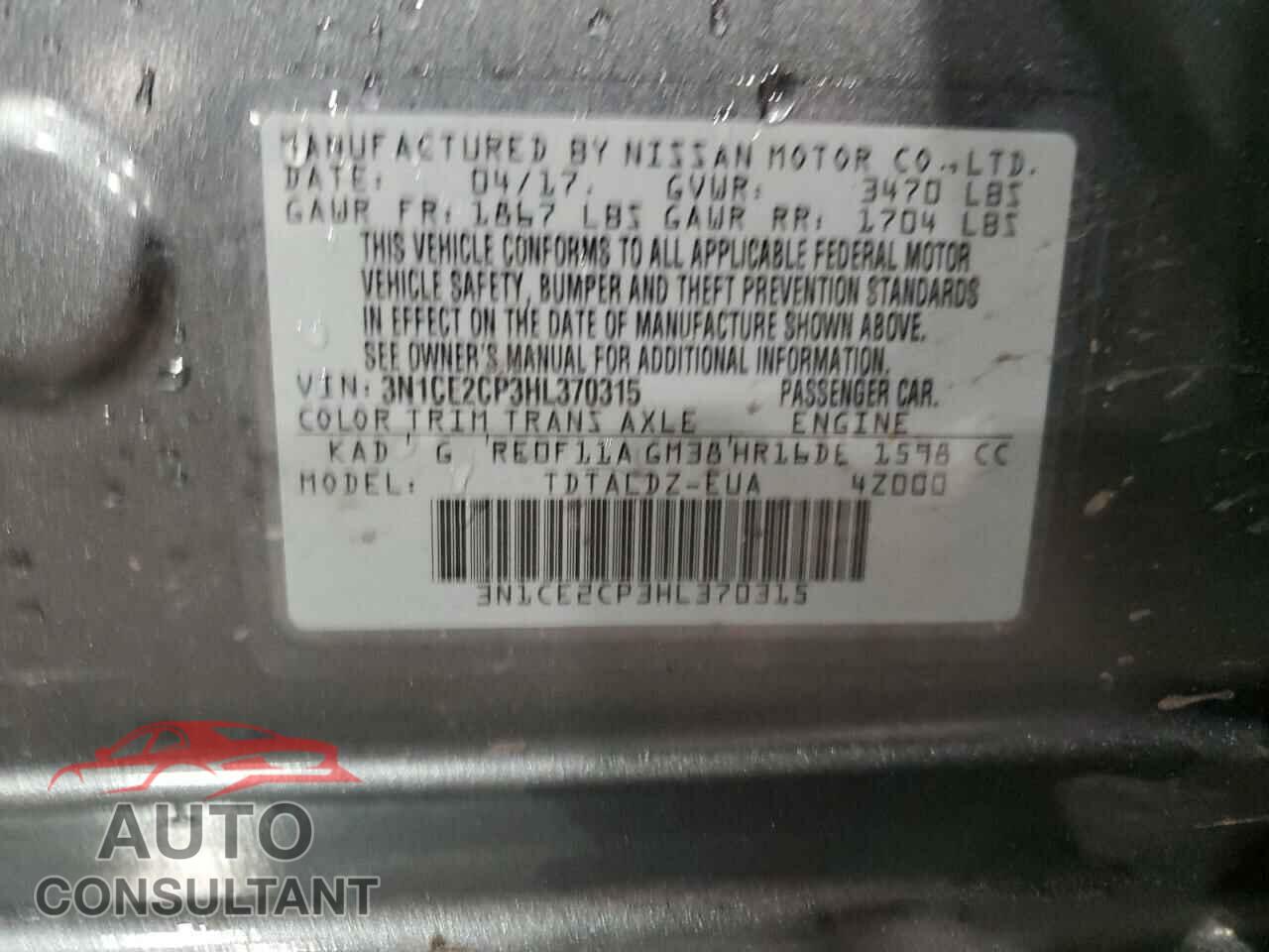 NISSAN VERSA 2017 - 3N1CE2CP3HL370315