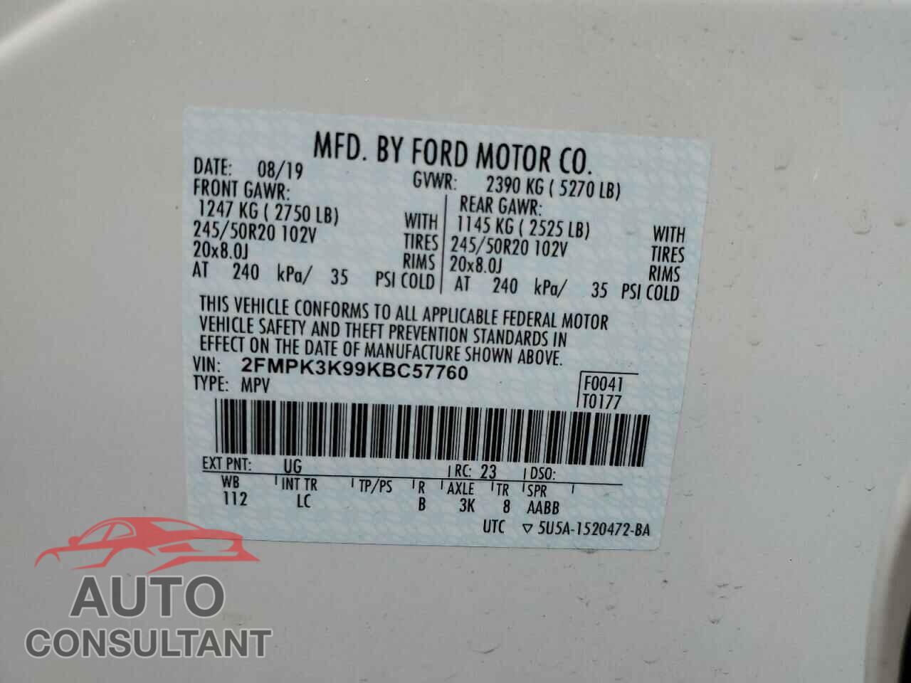 FORD EDGE 2019 - 2FMPK3K99KBC57760