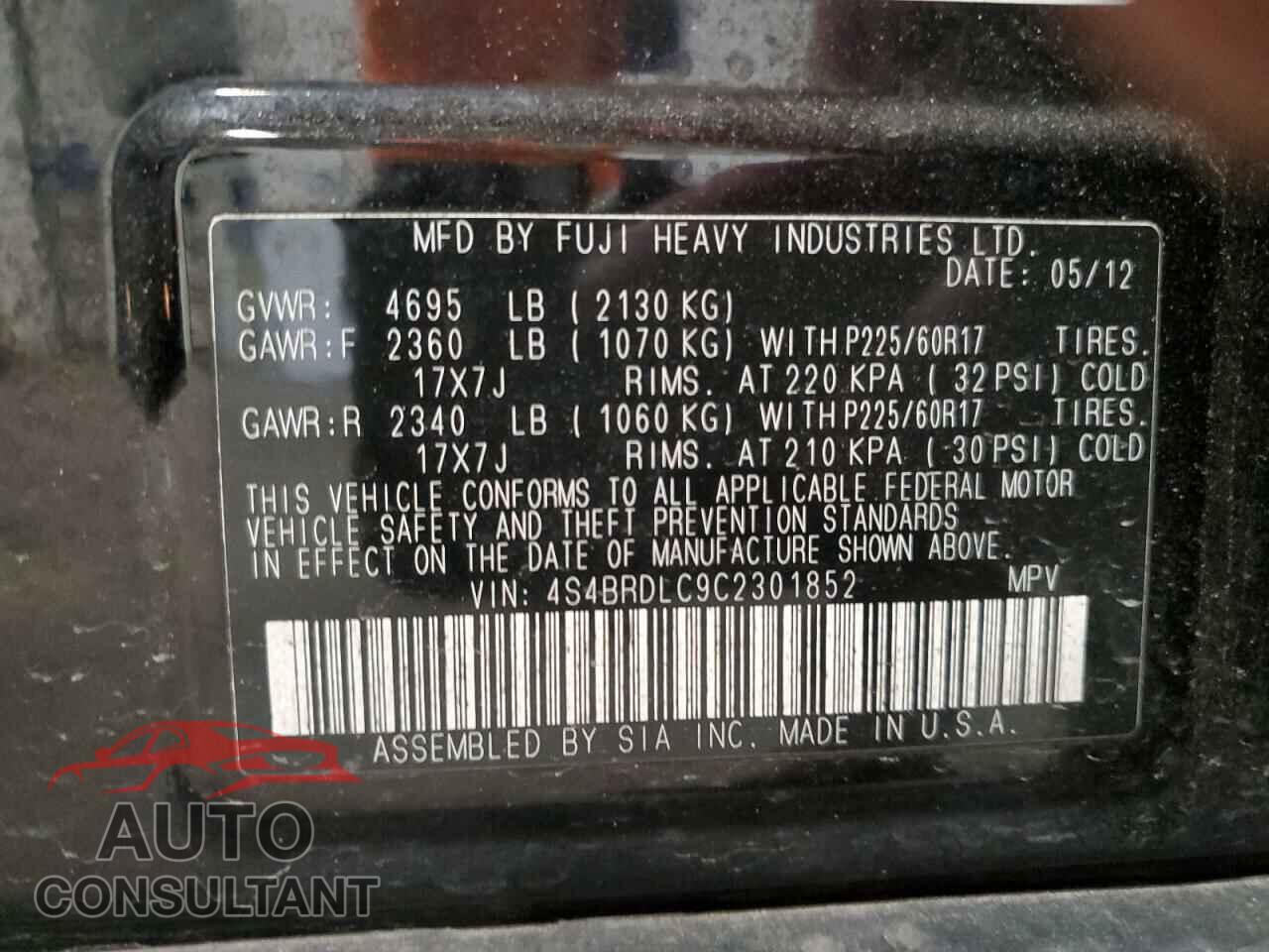 SUBARU OUTBACK 2012 - 4S4BRDLC9C2301852