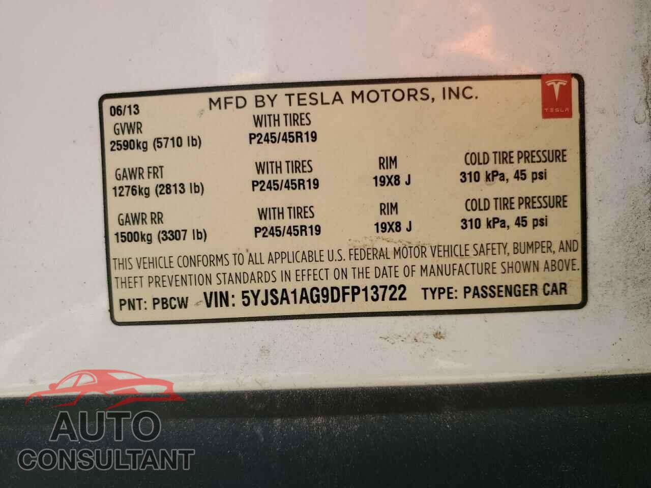TESLA MODEL S 2013 - 5YJSA1AG9DFP13722