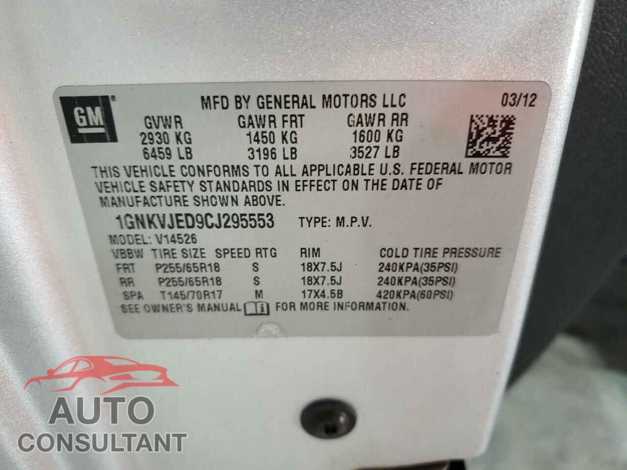 CHEVROLET TRAVERSE 2012 - 1GNKVJED9CJ295553