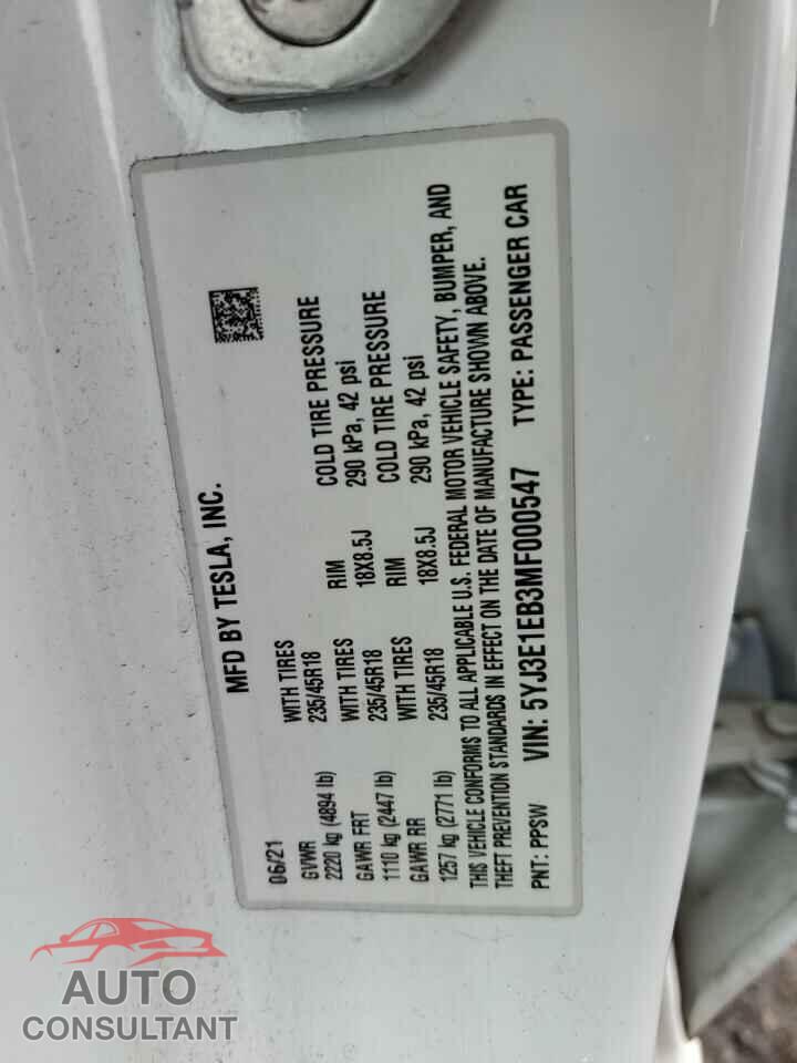 TESLA MODEL 3 2021 - 5YJ3E1EB3MF000547