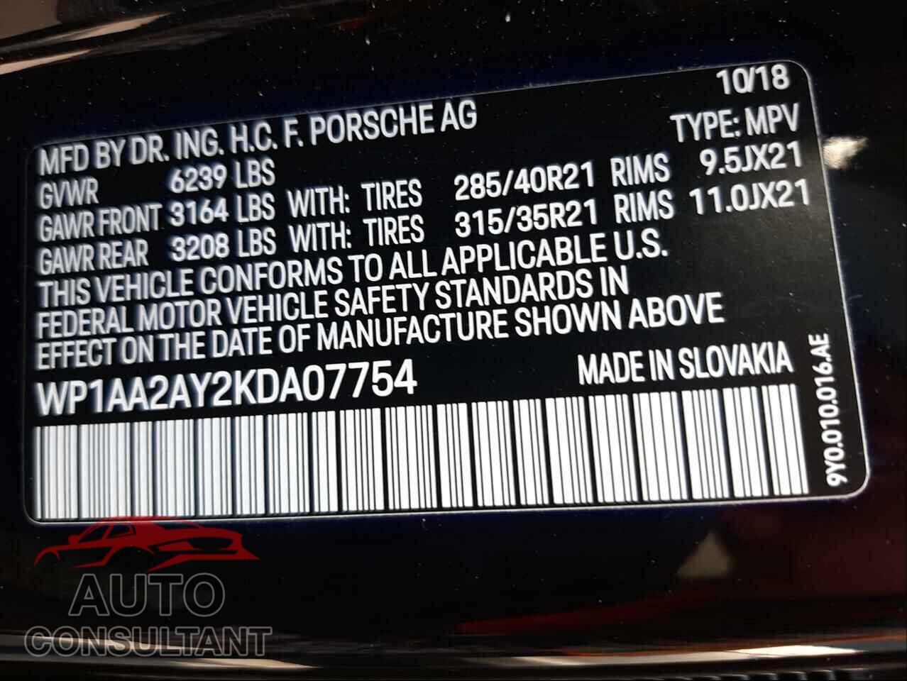 PORSCHE CAYENNE 2019 - WP1AA2AY2KDA07754