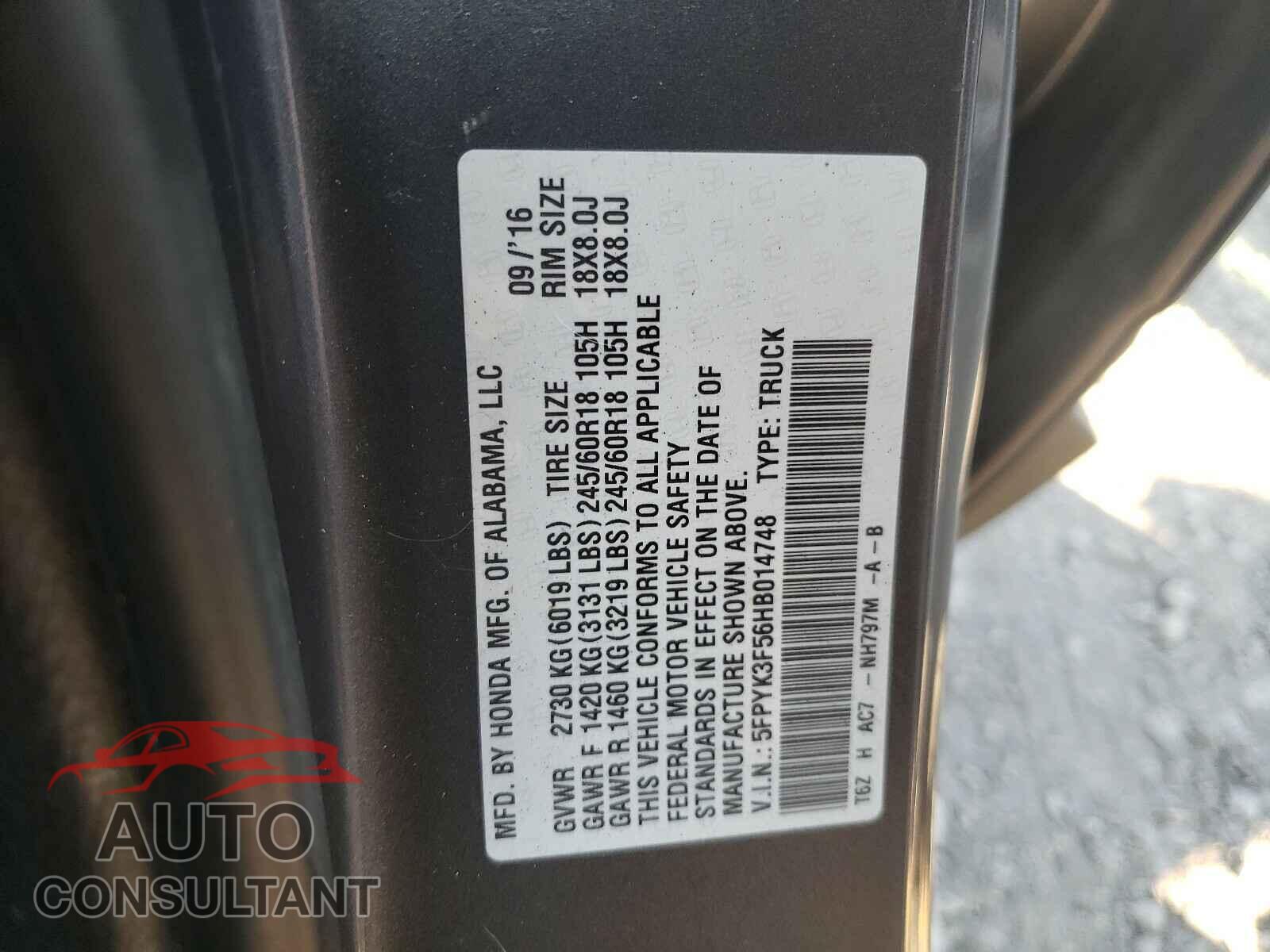 HONDA RIDGELINE 2017 - 5FPYK3F56HB014748