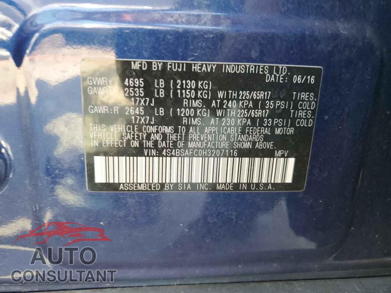 SUBARU OUTBACK 2017 - 4S4BSAFC0H3207116
