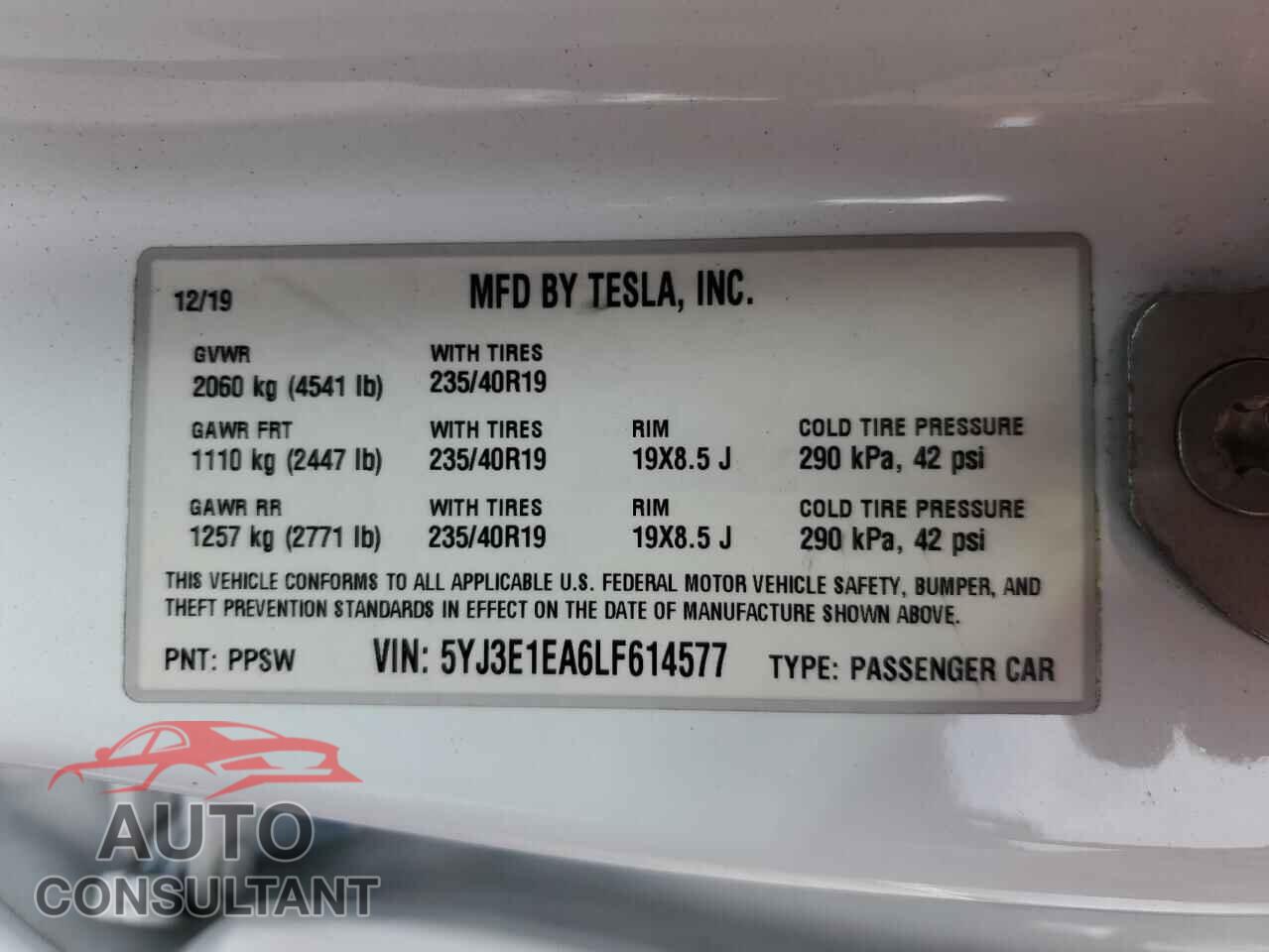 TESLA MODEL 3 2020 - 5YJ3E1EA6LF614577