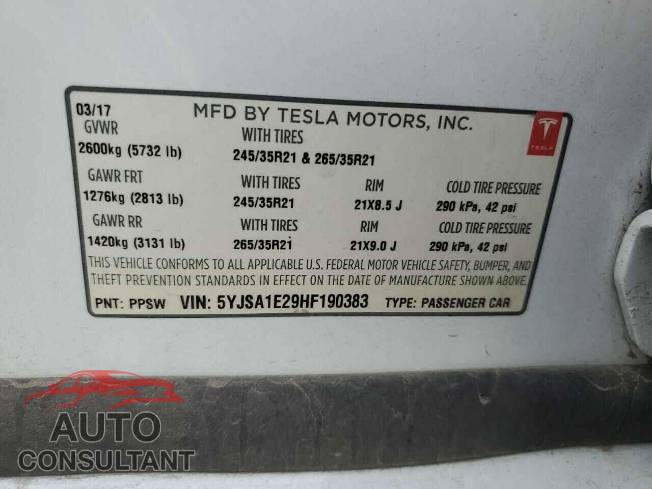 TESLA MODEL S 2017 - 5YJSA1E29HF190383