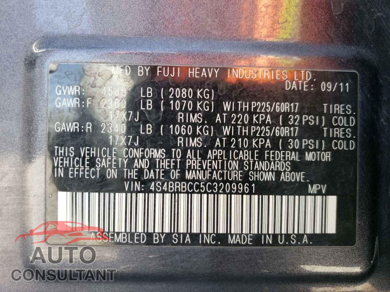 SUBARU OUTBACK 2012 - 4S4BRBCC5C3209961