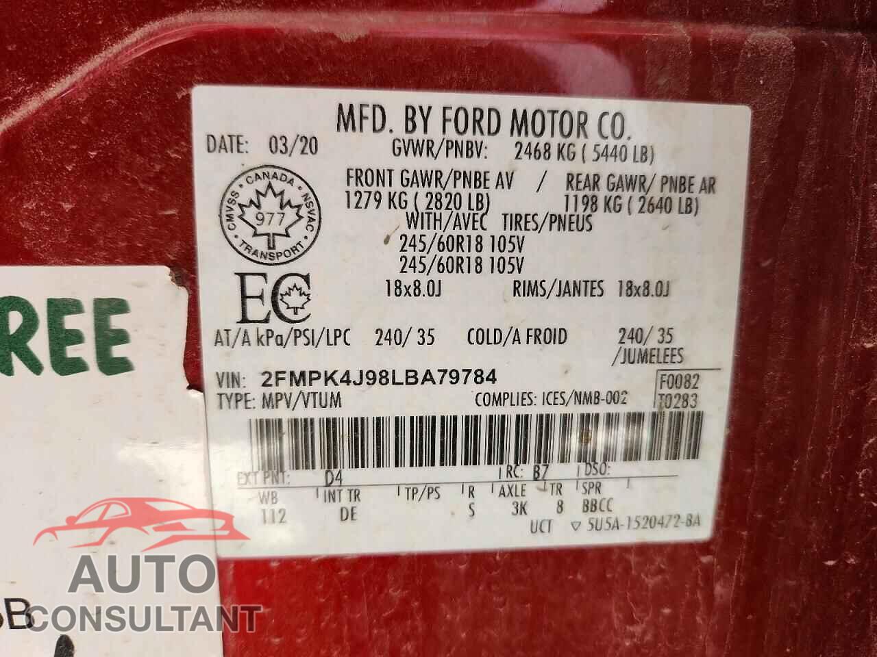 FORD EDGE 2020 - 2FMPK4J98LBA79784