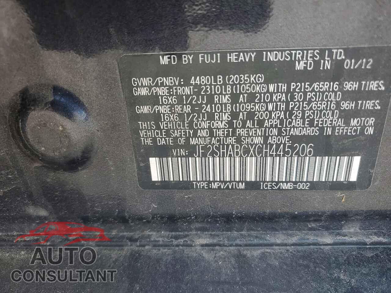 SUBARU FORESTER 2012 - JF2SHABCXCH445206