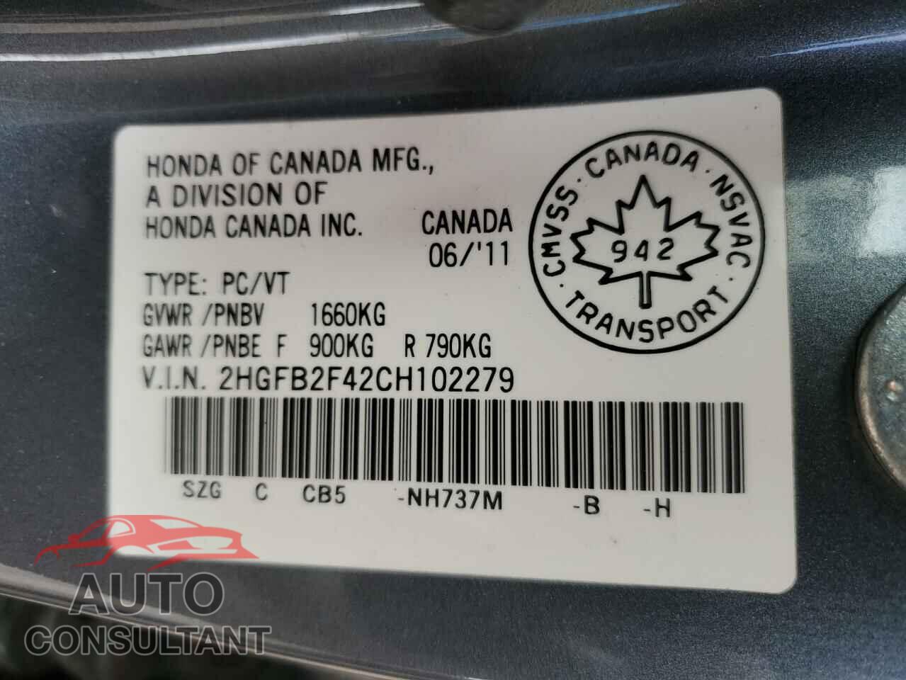 HONDA CIVIC 2012 - 2HGFB2F42CH102279