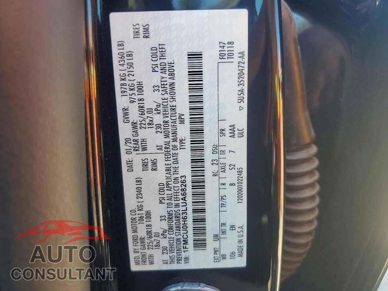 FORD ESCAPE 2020 - 1FMCU0H63LUA68263