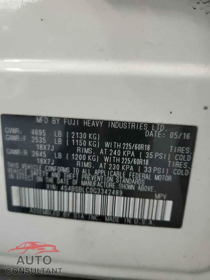 SUBARU OUTBACK 2016 - 4S4BSBLC0G3342489