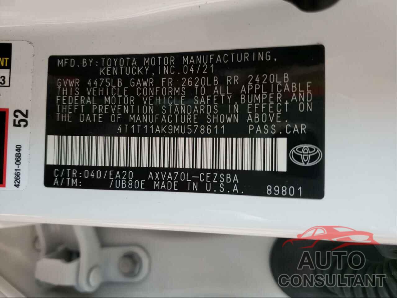 TOYOTA CAMRY 2021 - 4T1T11AK9MU578611