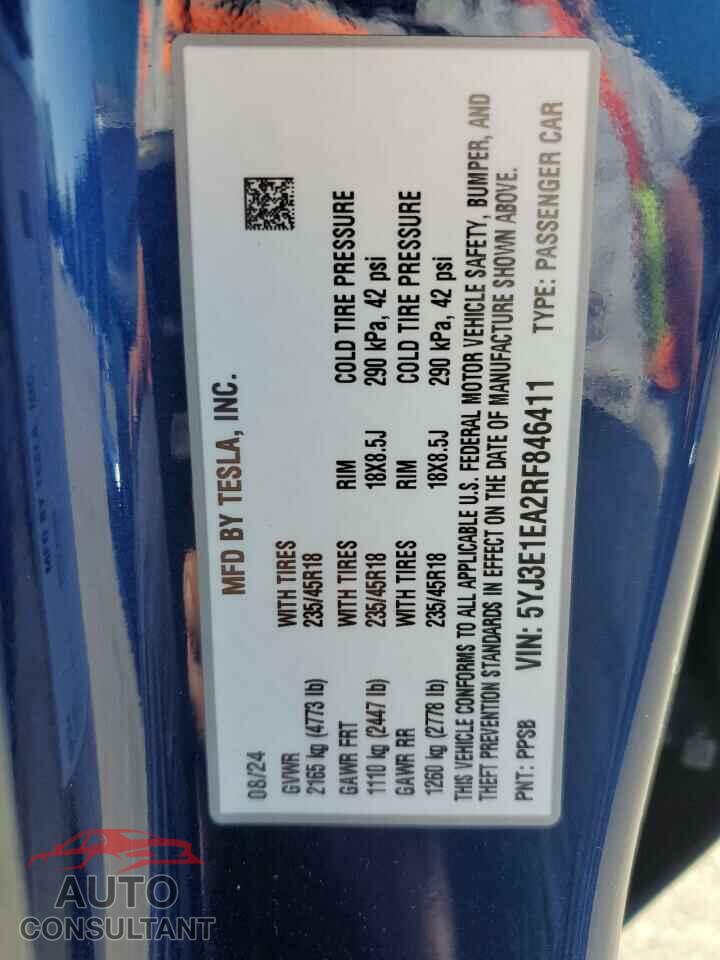 TESLA MODEL 3 2024 - 5YJ3E1EA2RF846411