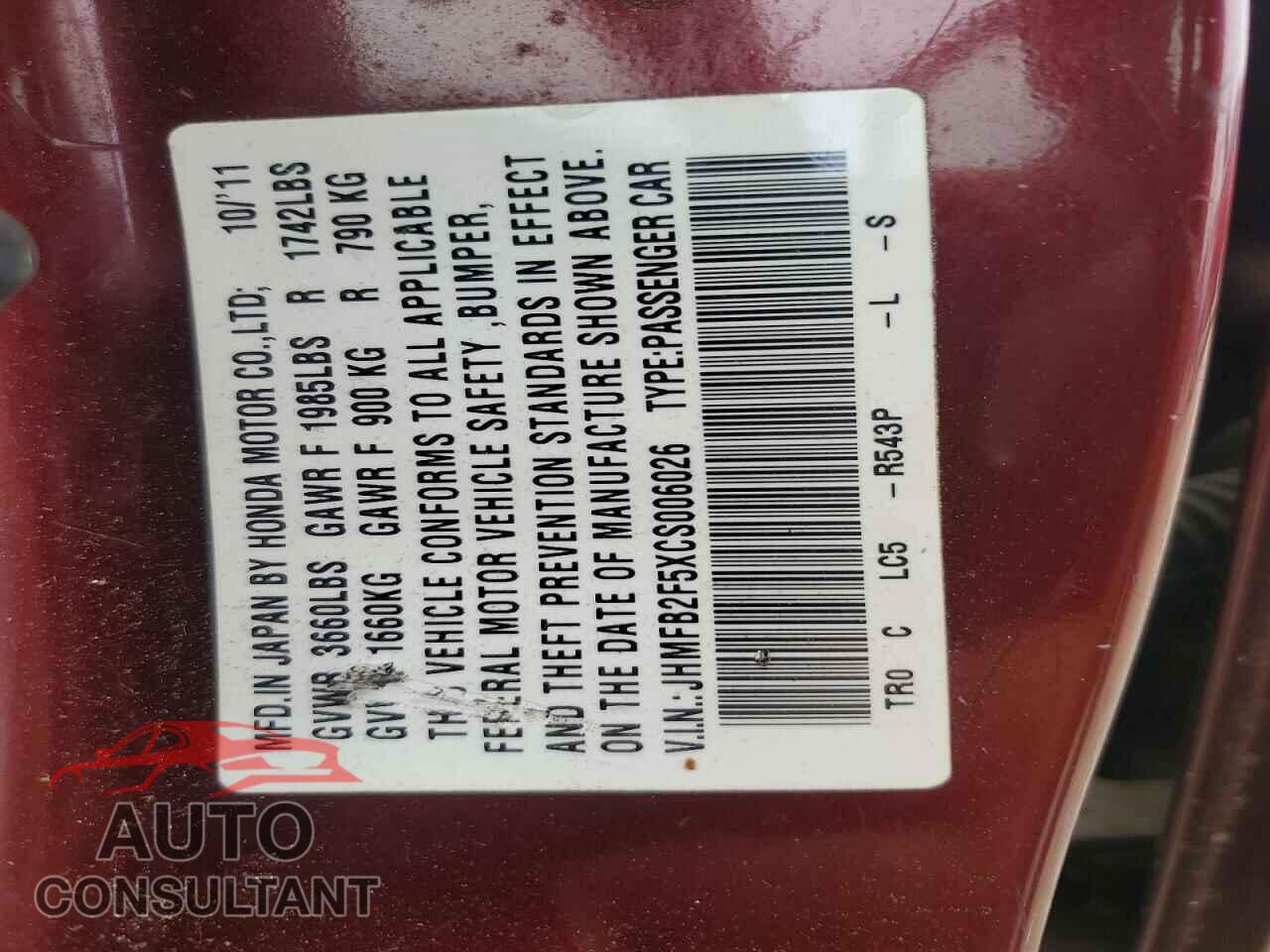 HONDA CIVIC 2012 - JHMFB2F5XCS006026
