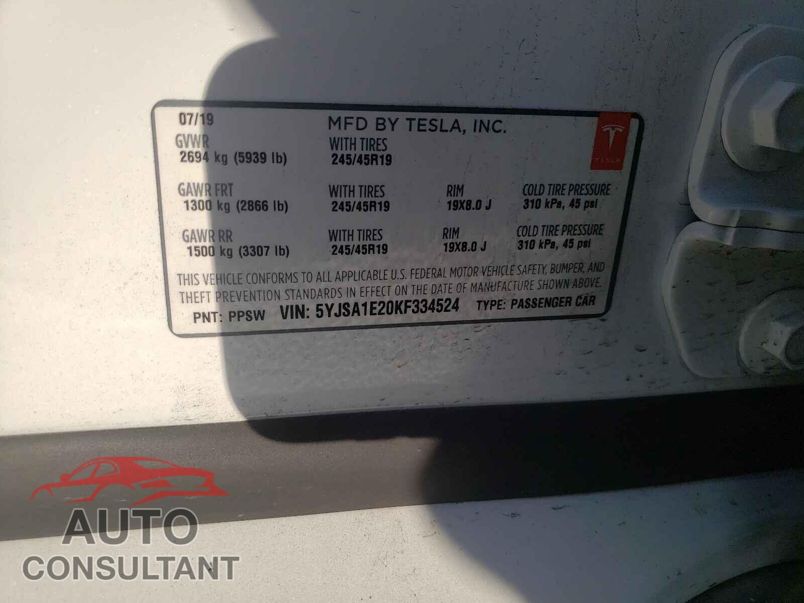 TESLA MODEL S 2019 - 5YJSA1E20KF334524