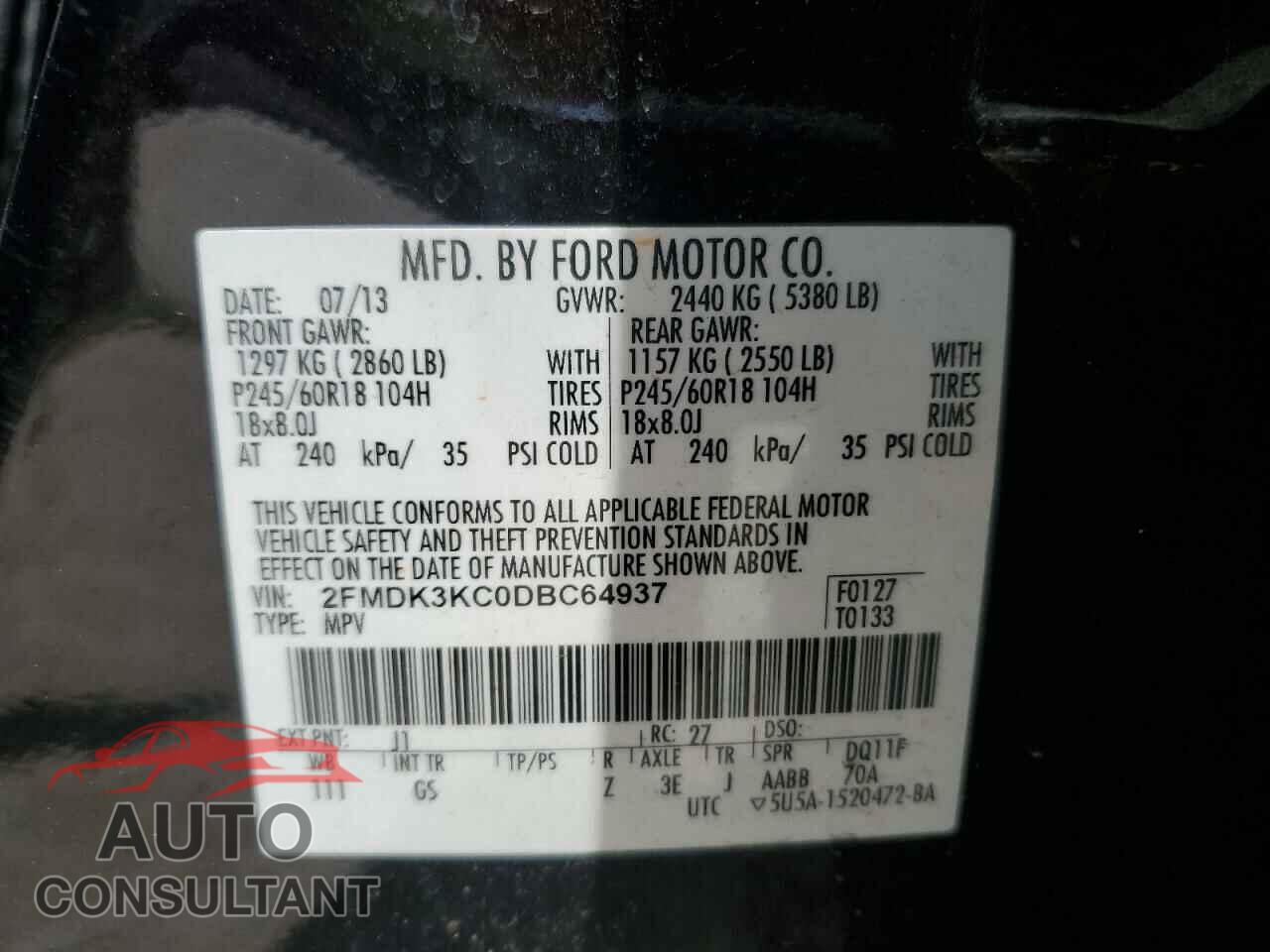 FORD EDGE 2013 - 2FMDK3KC0DBC64937