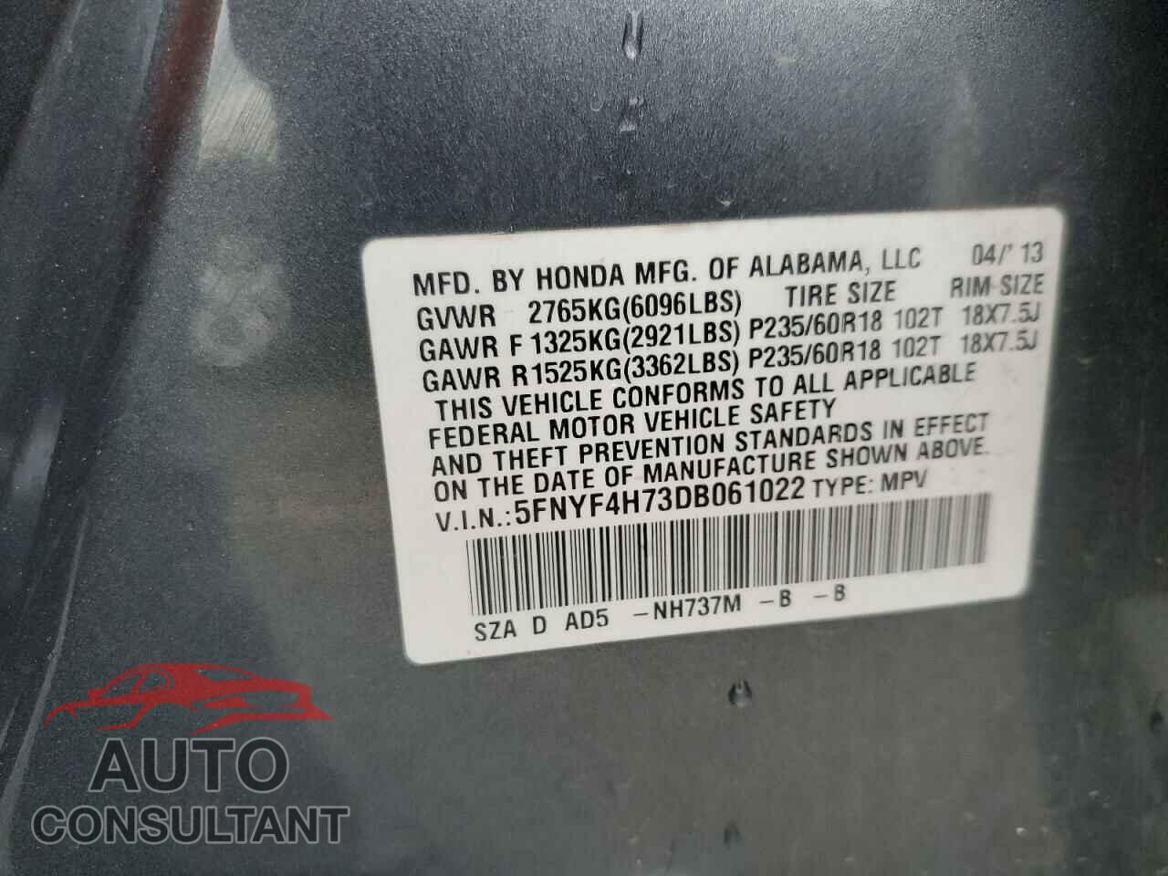 HONDA PILOT 2013 - 5FNYF4H73DB061022