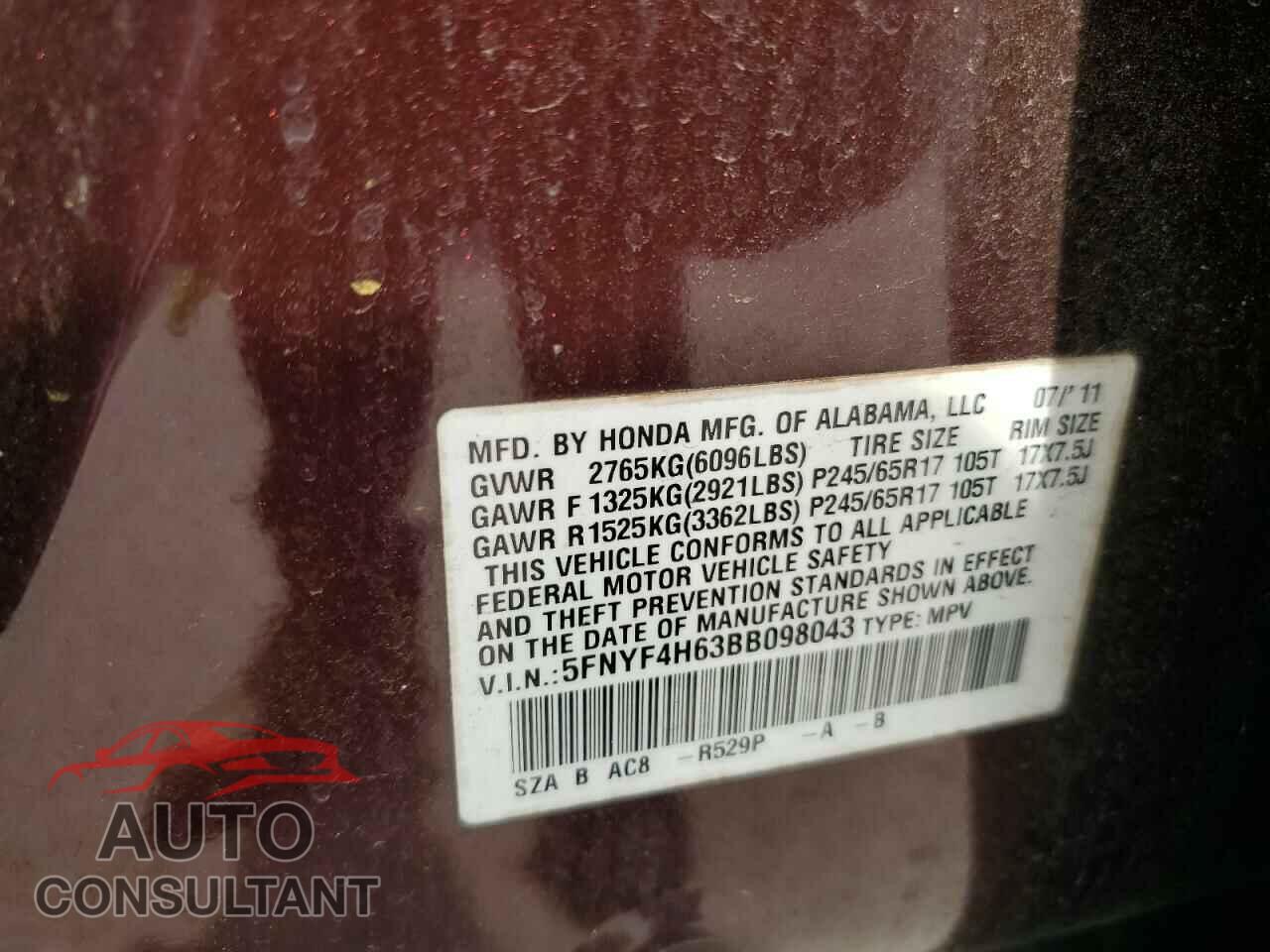 HONDA PILOT 2011 - 5FNYF4H63BB098043