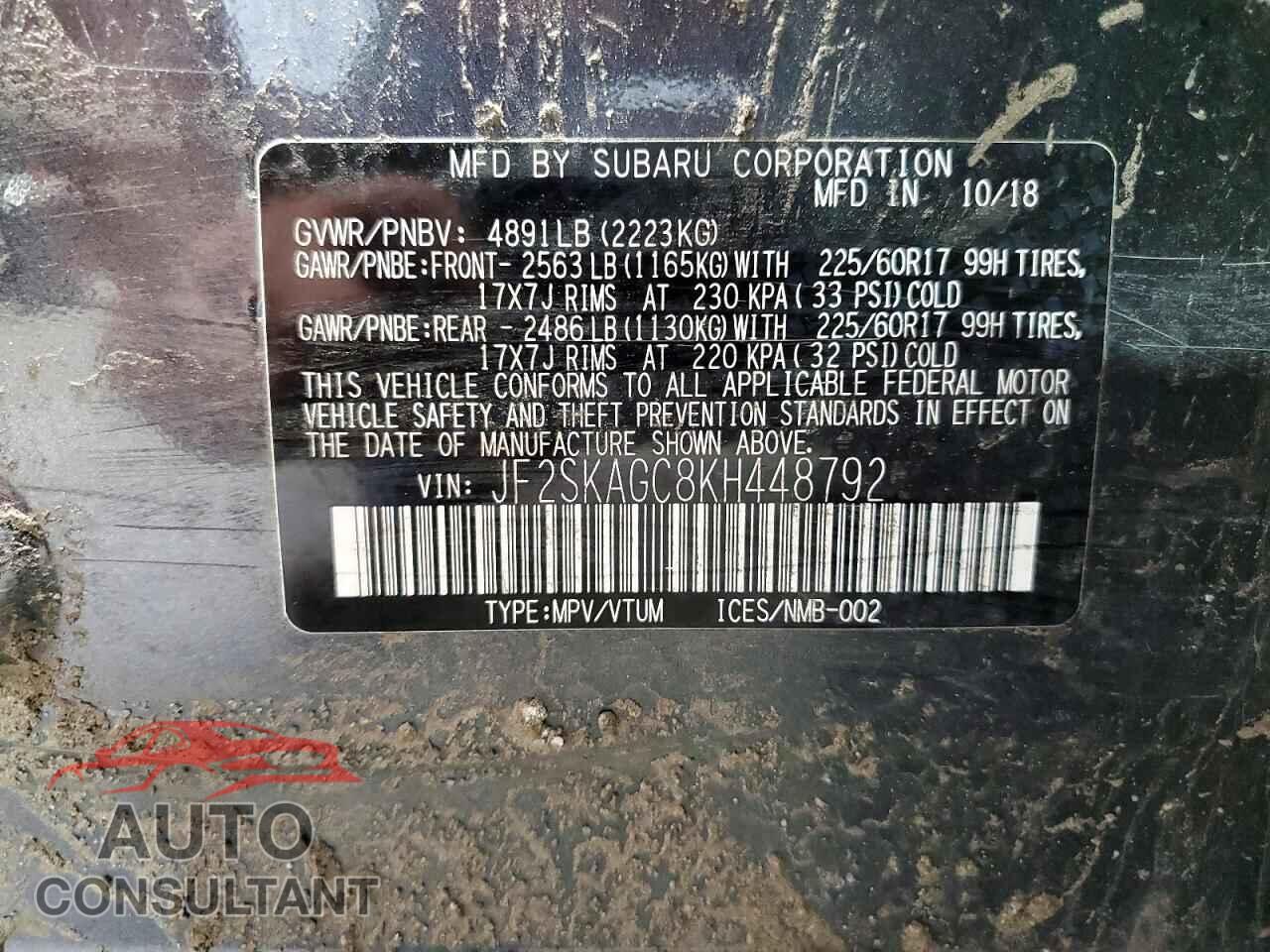 SUBARU FORESTER 2019 - JF2SKAGC8KH448792