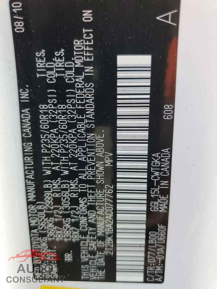 LEXUS RX350 2010 - 2T2BK1BA2AC077762