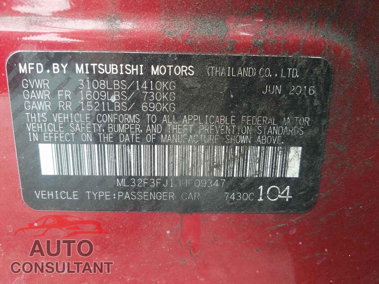 MITSUBISHI MIRAGE 2017 - ML32F3FJ1HHF09347