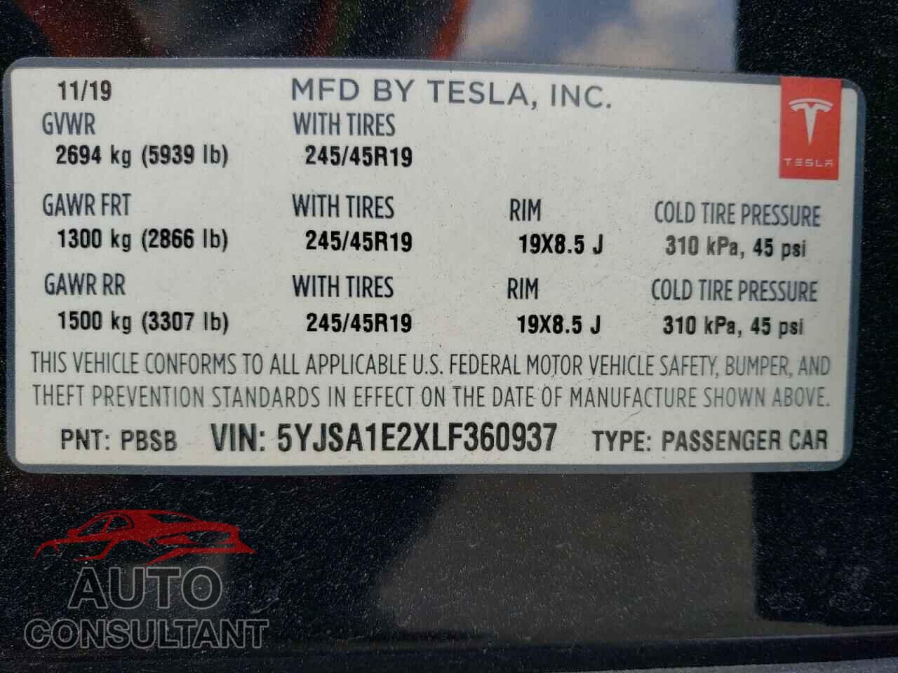 TESLA MODEL S 2020 - 5YJSA1E2XLF360937