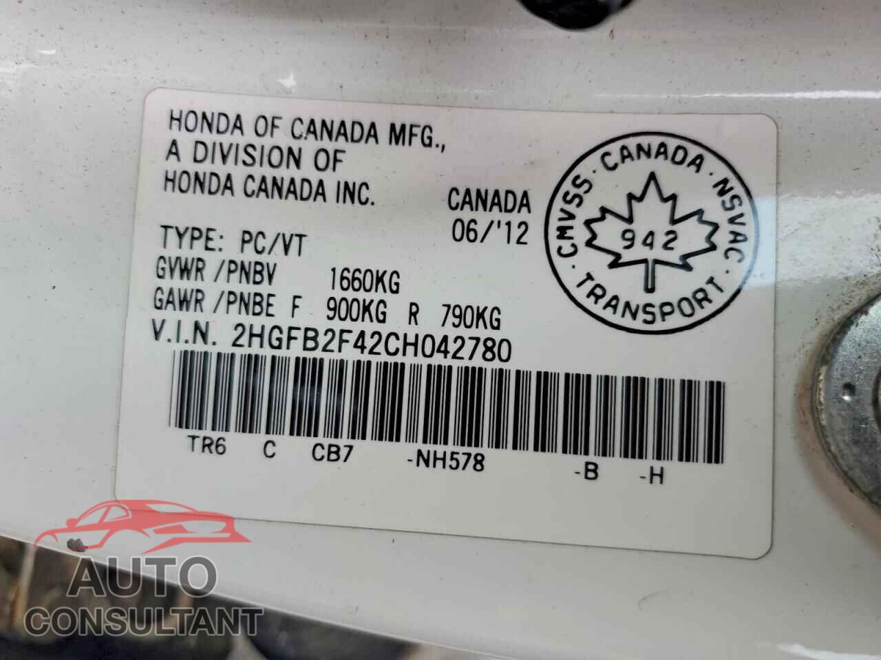 HONDA CIVIC 2012 - 2HGFB2F42CH042780
