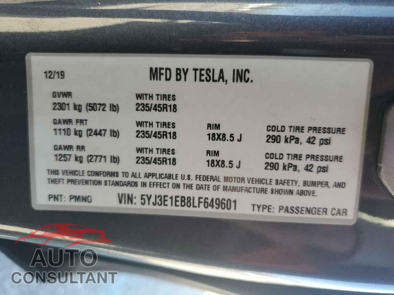 TESLA MODEL 3 2020 - 5YJ3E1EB8LF649601