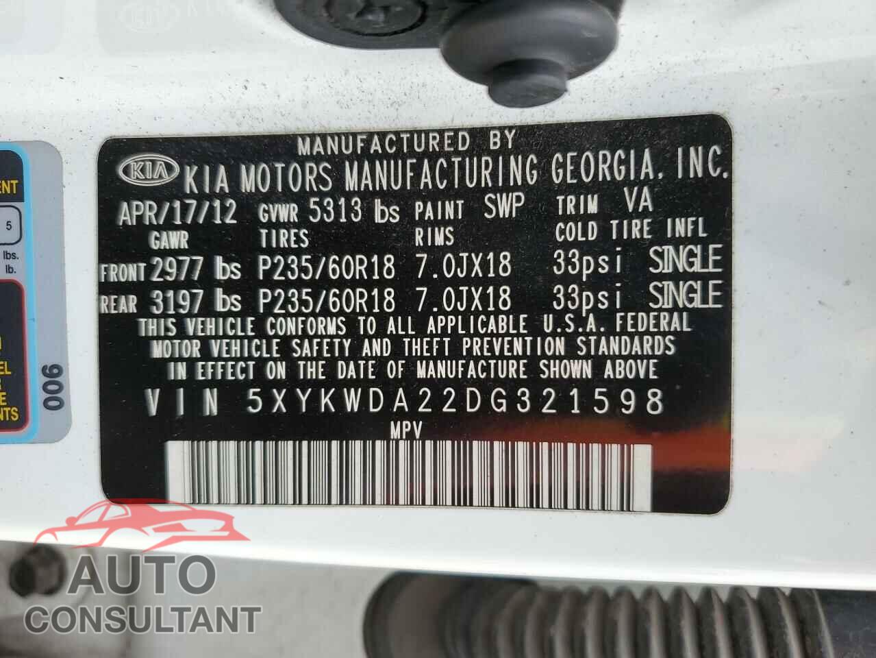 KIA SORENTO 2013 - 5XYKWDA22DG321598