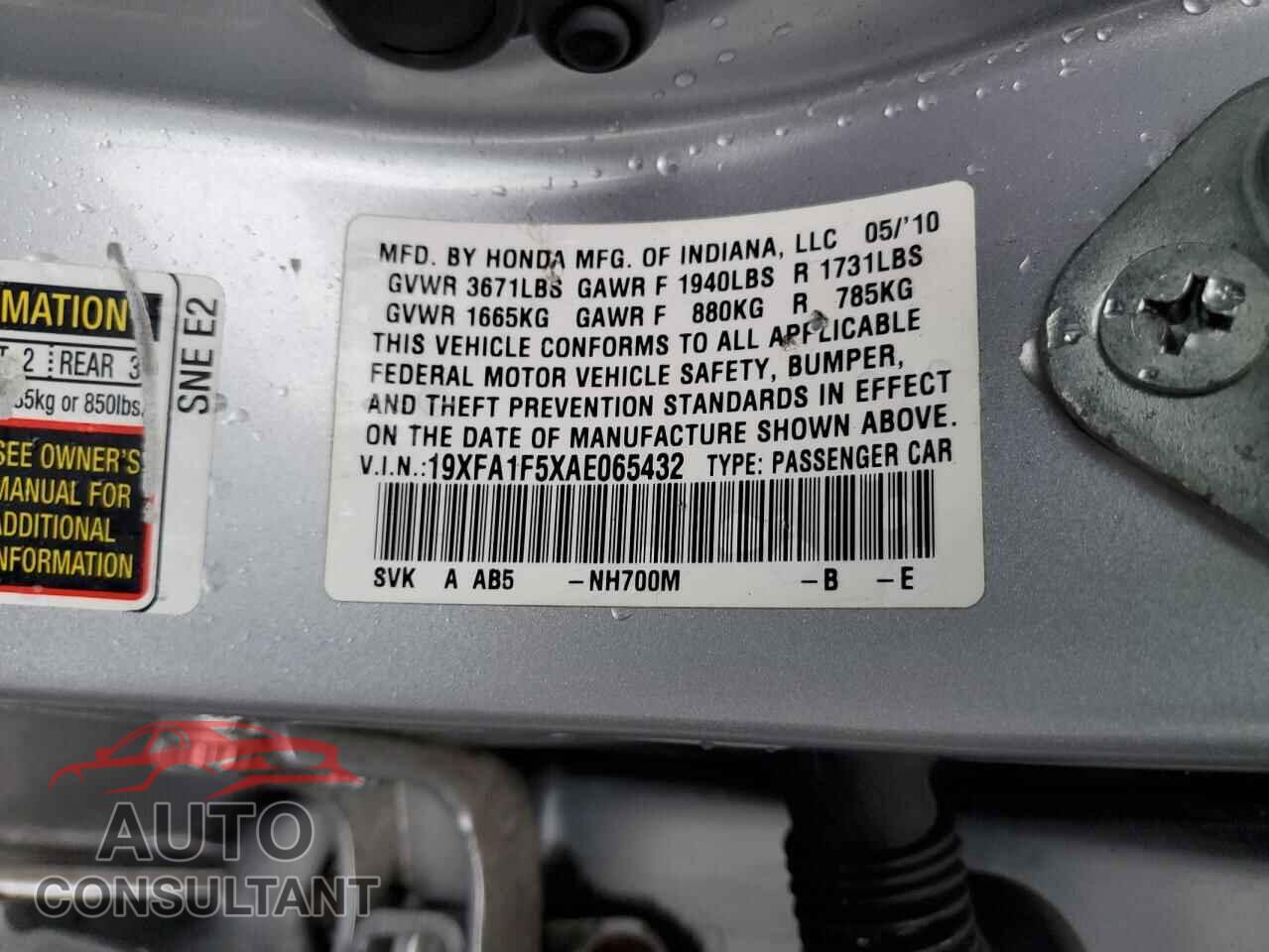 HONDA CIVIC 2010 - 19XFA1F5XAE065432
