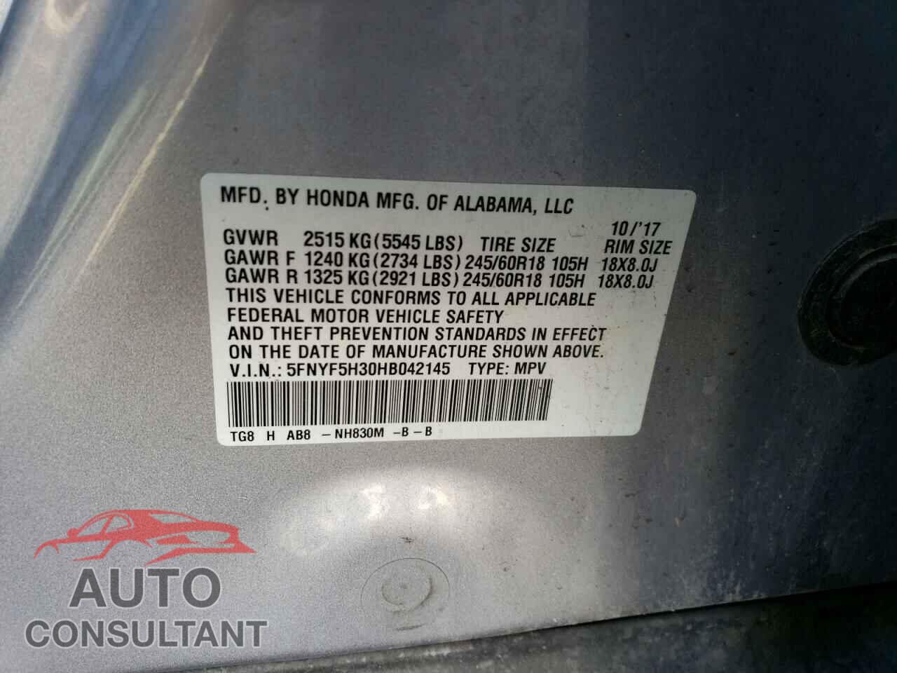 HONDA PILOT 2017 - 5FNYF5H30HB042145