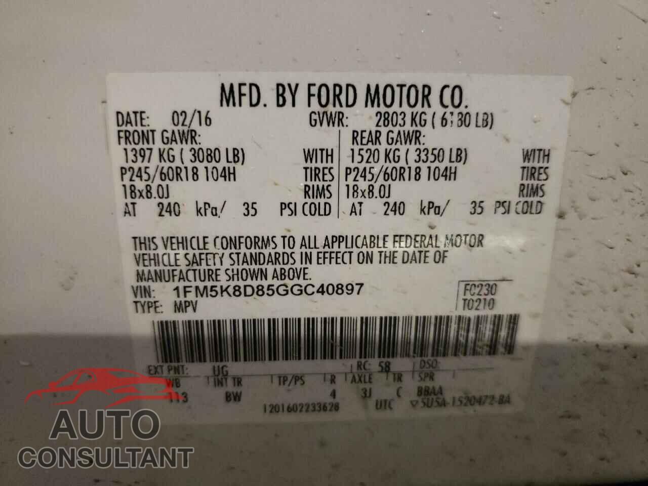FORD EXPLORER 2016 - 1FM5K8D85GGC40897