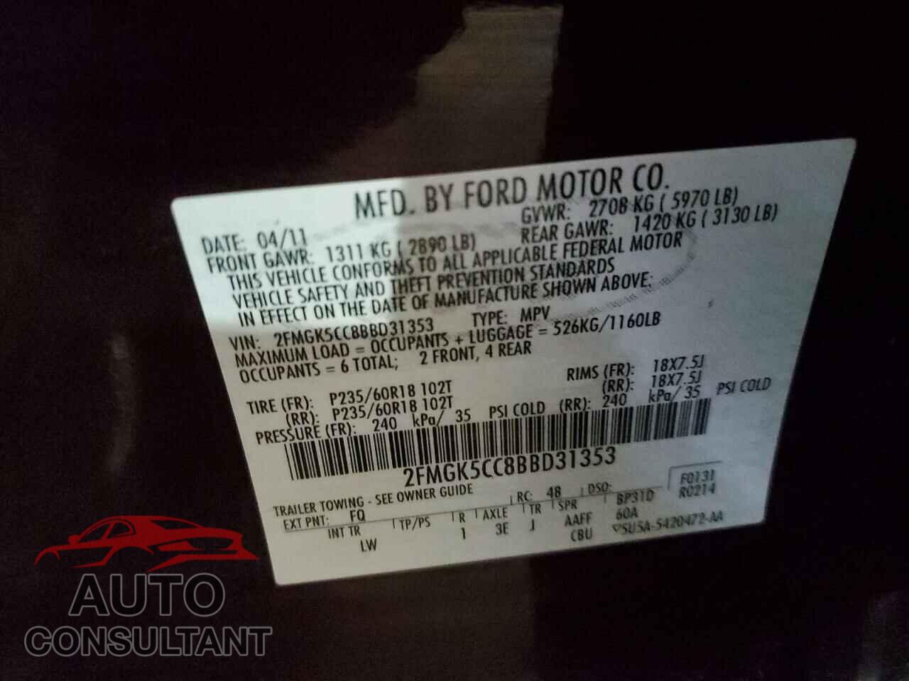 FORD FLEX 2011 - 2FMGK5CC8BBD31353