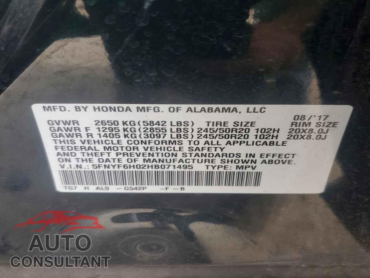 HONDA PILOT 2017 - 5FNYF6H02HB071495